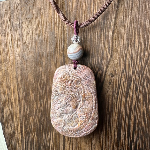 Jewelry - Handcrafted Coral Fossil Lady Pendant Necklace, Botswana Agate on Brown Rope